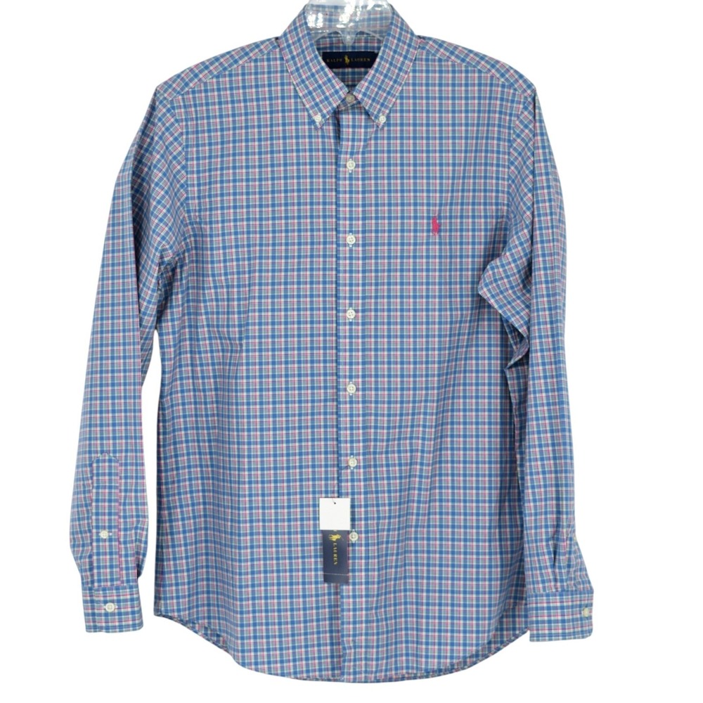 NWT Ralph Lauren Shirt Mens M Medium Blue Pink Green Plaid Long Sleeve Button
